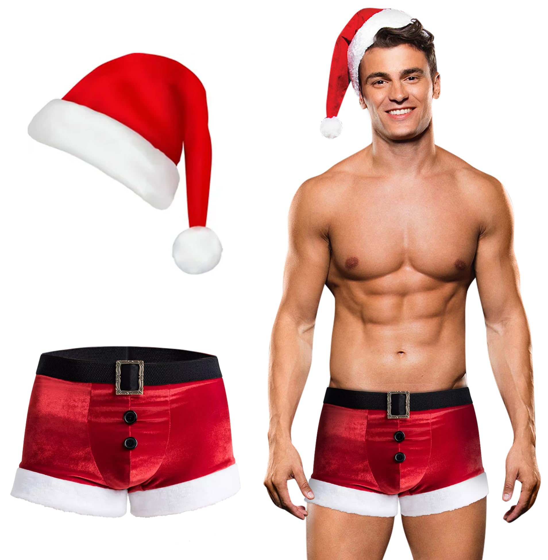 RSLOVE Men's Christmas Lingerie Set Sexy Santa Outfits 2PCS Red Boxers Holiday Briefs Underwear With Hat
