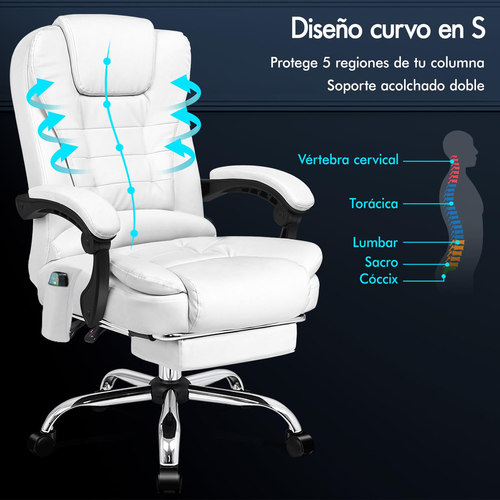 ALFORDSON Silla de Oficina Ejecutiva, Silla de Oficina de Masaje con Respaldo de Palanca, Silla de Escritorio Ergonómica con Gran Acolchado, Sillón, Silla Giratoria, Cuero PU, Blanco
