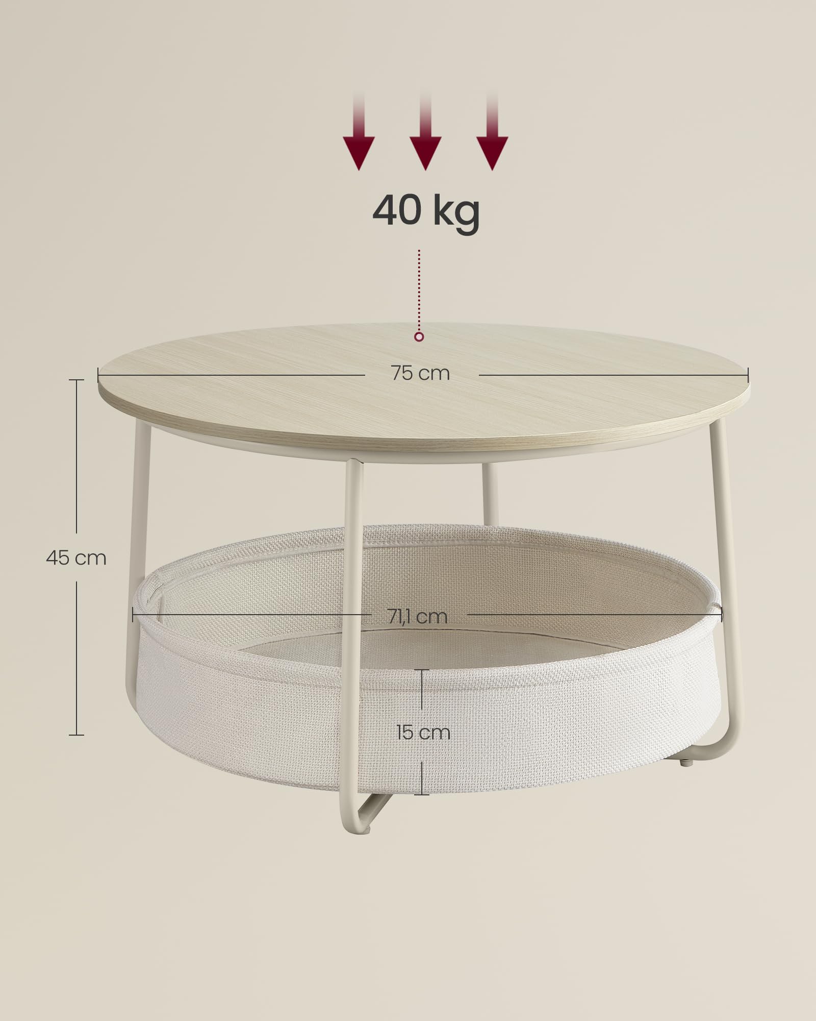 VASAGLE LILEA Kollektion - Couchtisch rund, Tisch mit Stauraum, Beistelltisch, Wohnzimmertisch mit Korb aus Stoff, modern, Metallrahmen, naturbeige-cremeweiß LCT244K01
