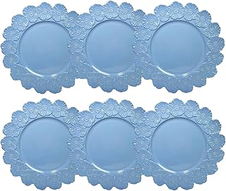 Blue Charger Plates with Flower Rim, 13" Round Charger for Dinner Plates, Set of 6 Plastic Plate Chargers for Wedding, Birthday.