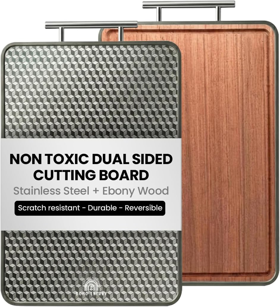 Boho Energy Magnetic Cutting Board - 2 in 1 Dual-Sided Ebony Wood & Stainless Steel Cutting Board for Kitchen - Non Toxic Wooden Chopping Boards for Meat & Veggies - Magnetic Knife Holder