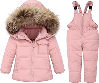 Baby Boys Girls Two Piece Snowsuit, Toddler Winter Hooded Puffer Down Jacket Coat with Ski Bib