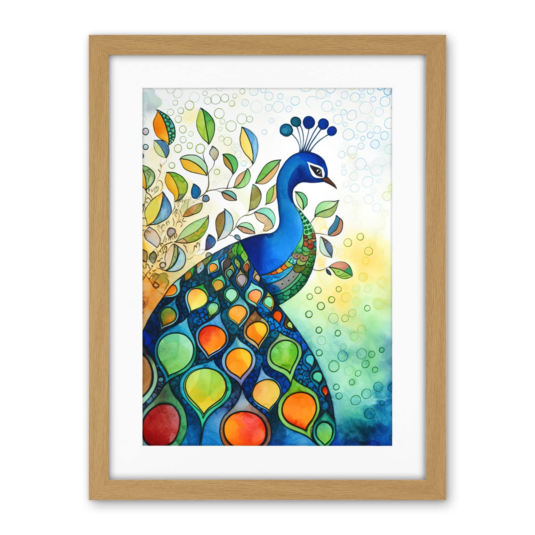 Artery8 Peacock Bird Folk Art Watercolour Painting Artwork Framed Wall Art Print 18X24 Inch