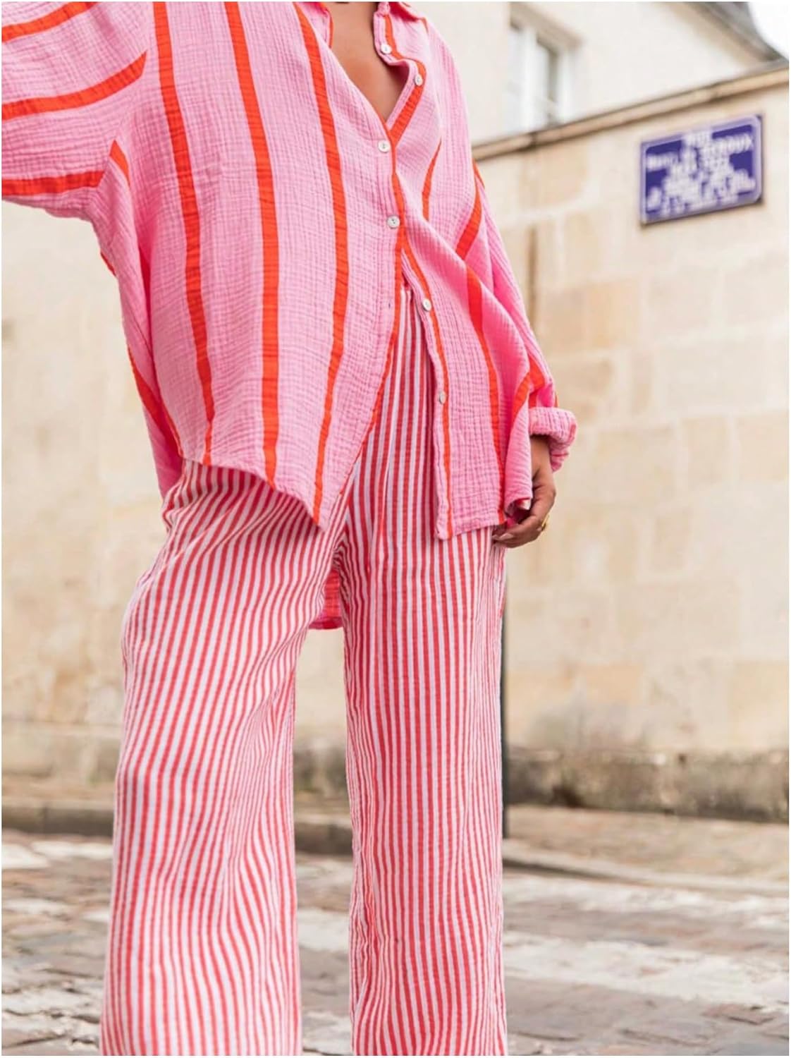 Verdusa Women's Linen Pants Striped Pants Streetwear Vacation Straight Leg Loose Trousers - Image 3