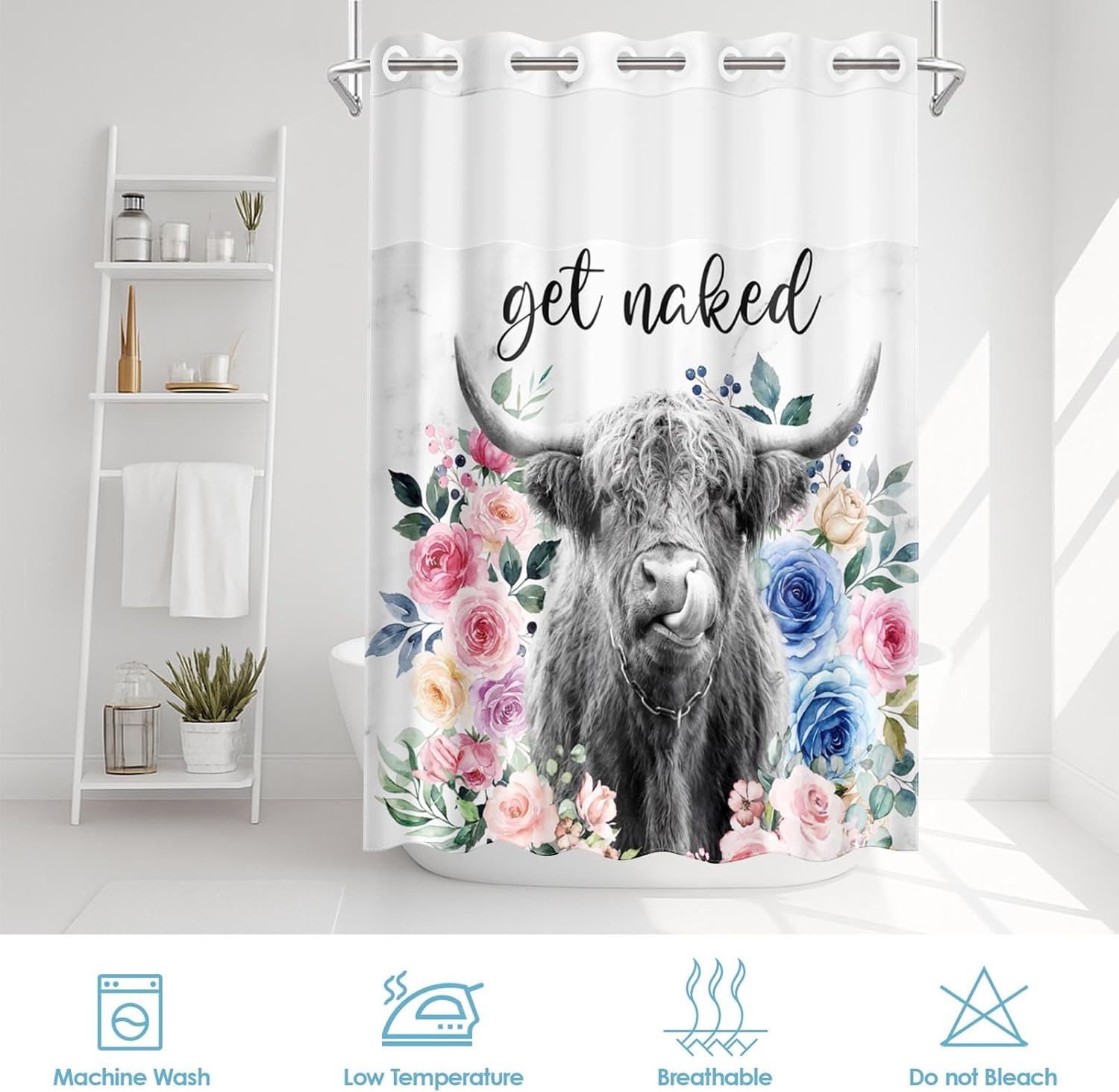 No Hook Funny Highland Cow Shower Curtain with Snap in Fabric Liner Set, Pink Floral Farmhouse Double Layers Waterproof Fabric with See Through Top Window Open Grommet Bath Curtain 71x74 Inch
