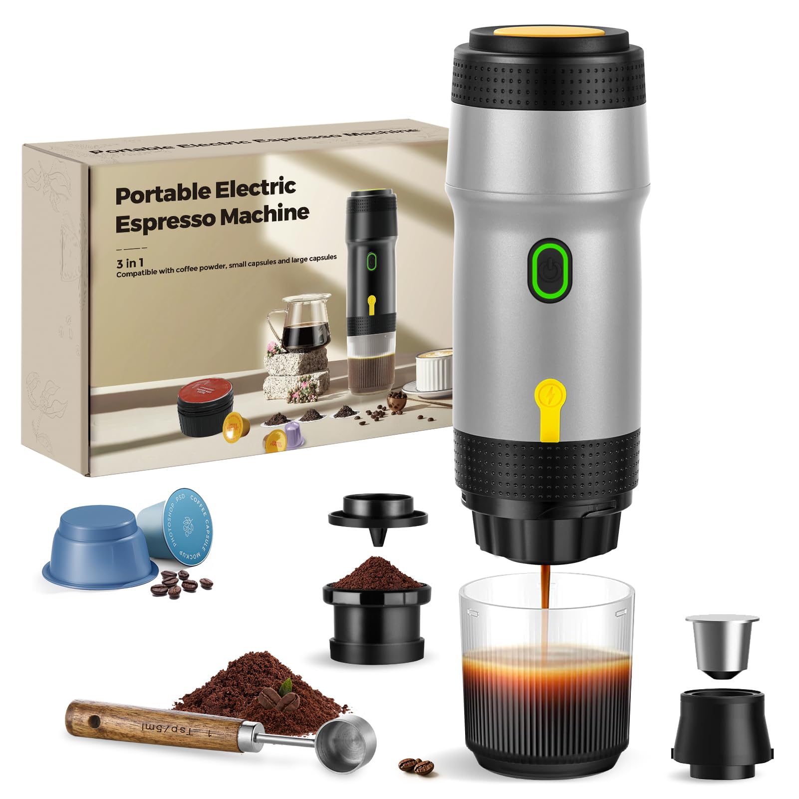 Draagbare Espressomachine, 3 in 1 Draadloze Verwarming 20 Bar Koffiezetapparaat, Compatibel met -capsules, DG-capsules, Gemalen Koffie, voor Reizen, Kamperen, Thuis, Kantoor