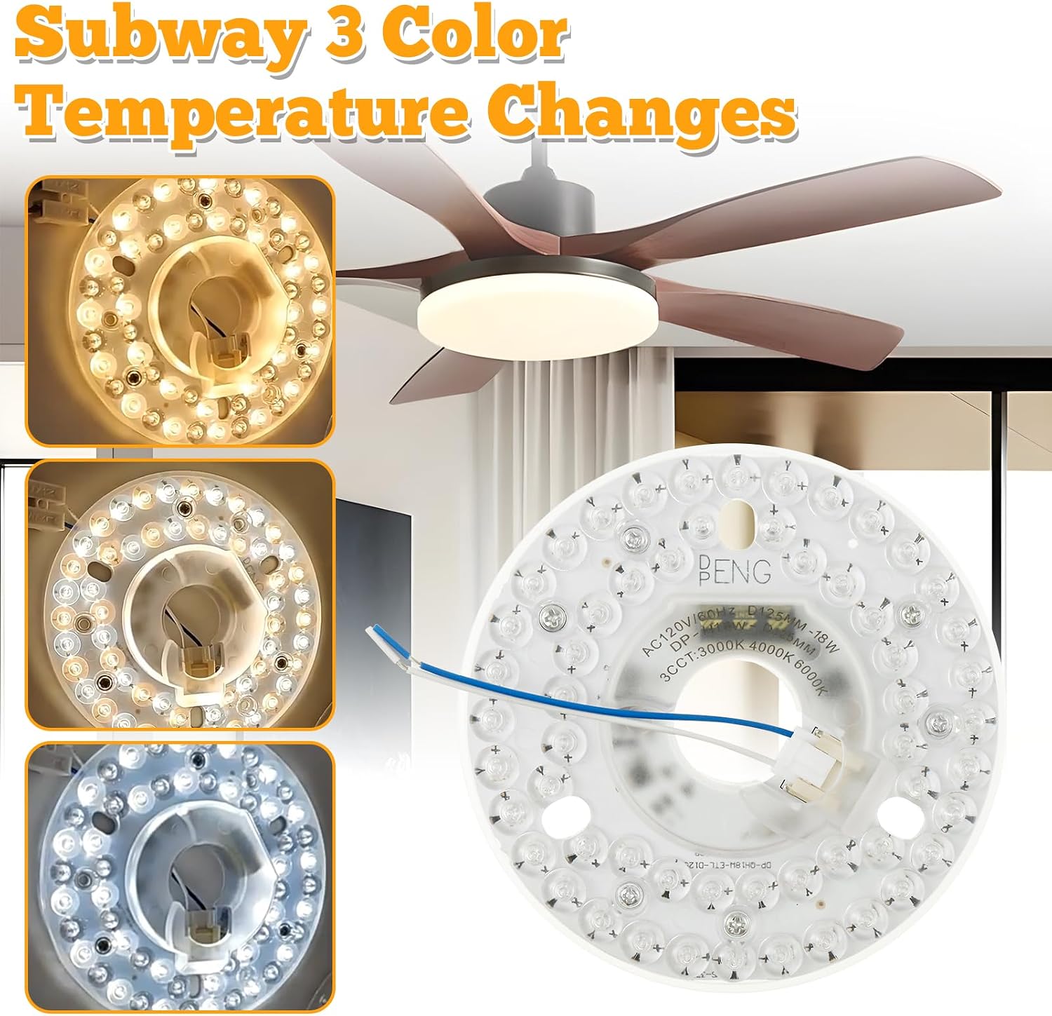4.92" Ceiling Fan LED Light Replacement, Lamp Kit Flush Mount, 120V 18W LED Retrofit Light Kit for Ceiling Fan, 3CCT 3000K 4500K 6000K, Magnetic or Screw Easy Installation (2Pcs 4.92inch) image 3