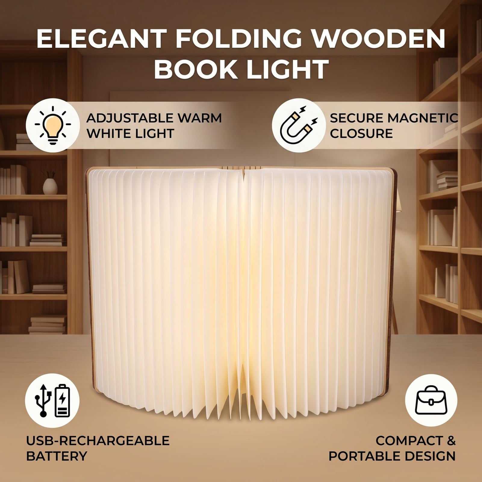 Fockety Lampada da lettura a LED pieghevole, ricaricabile tramite USB | Legno, luce calda 3000K-3500K, chiusura magnetica, batteria 2,5 W 1200 mAh, ricarica tramite USB Type-C, compatta per i