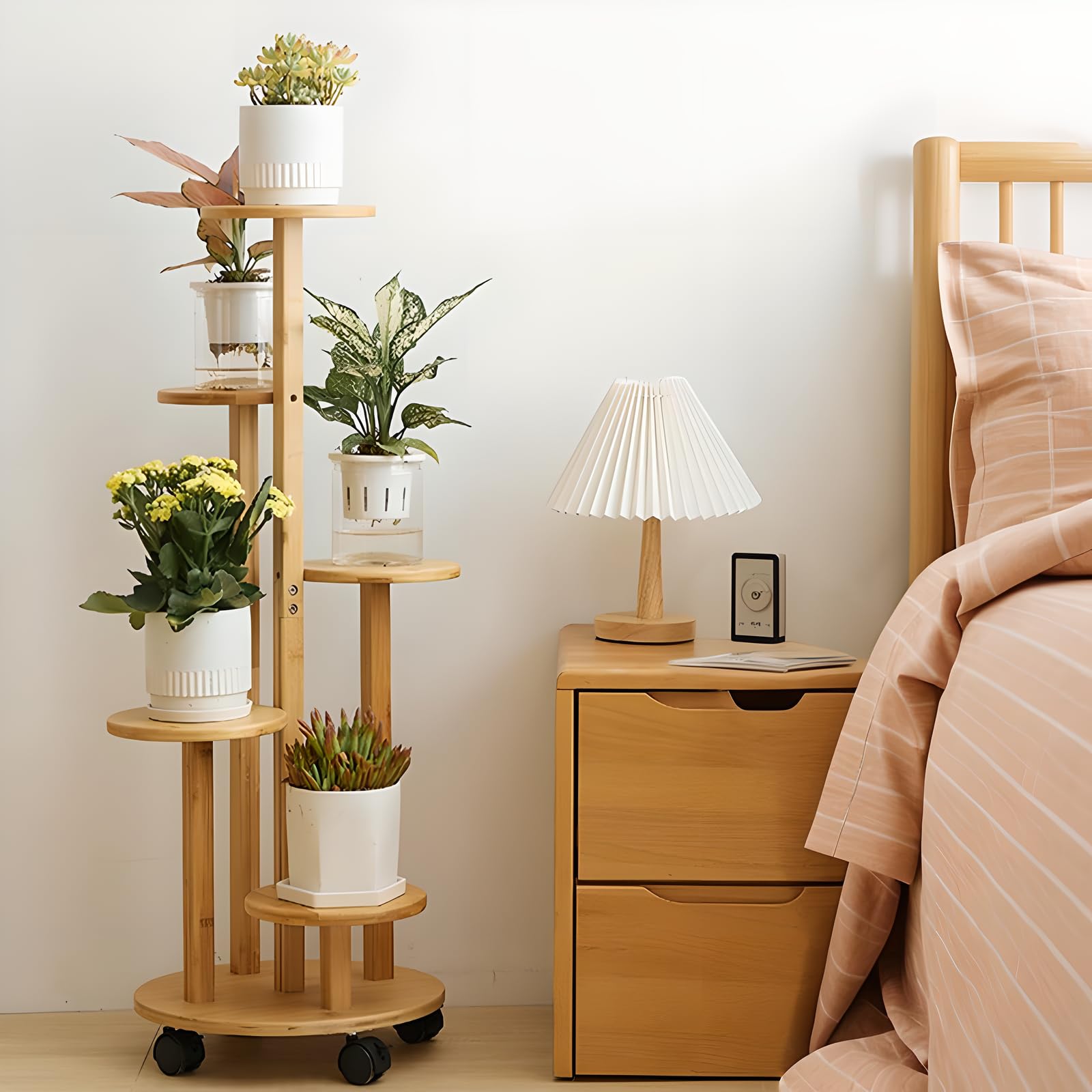 Porte Plante Interieur, Support Plantes Interieur en Bambou, 4 Roulettes, Étagère Plante 5 Niveaux Stable pour Petits Pots, pour Balcon Salon, 19 * 90CM