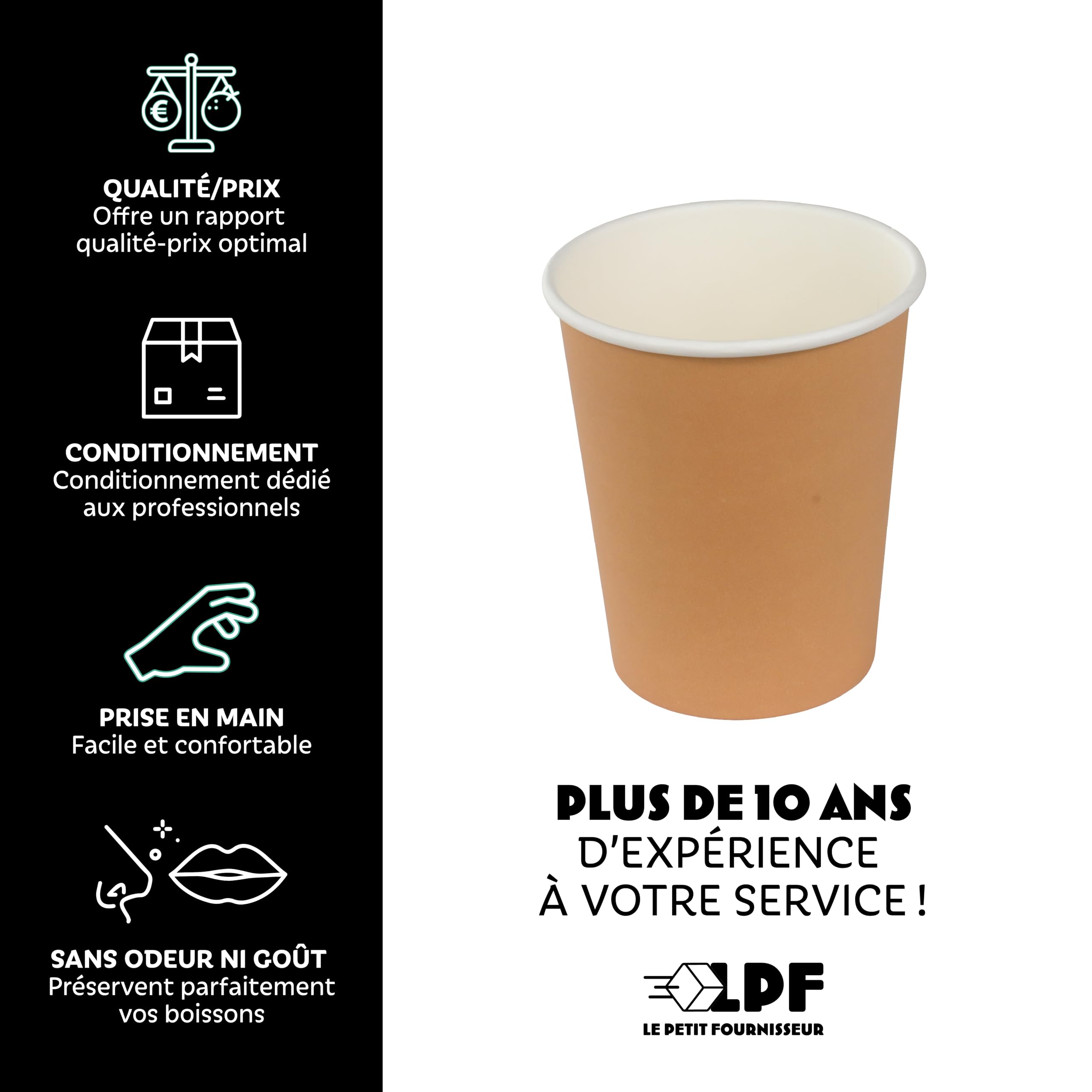 LPF LE PETIT FOURNISSEUR - 500 Gobelets Carton Brun 10cl - 100% Recyclable - Boissons Chaudes ou Froides
