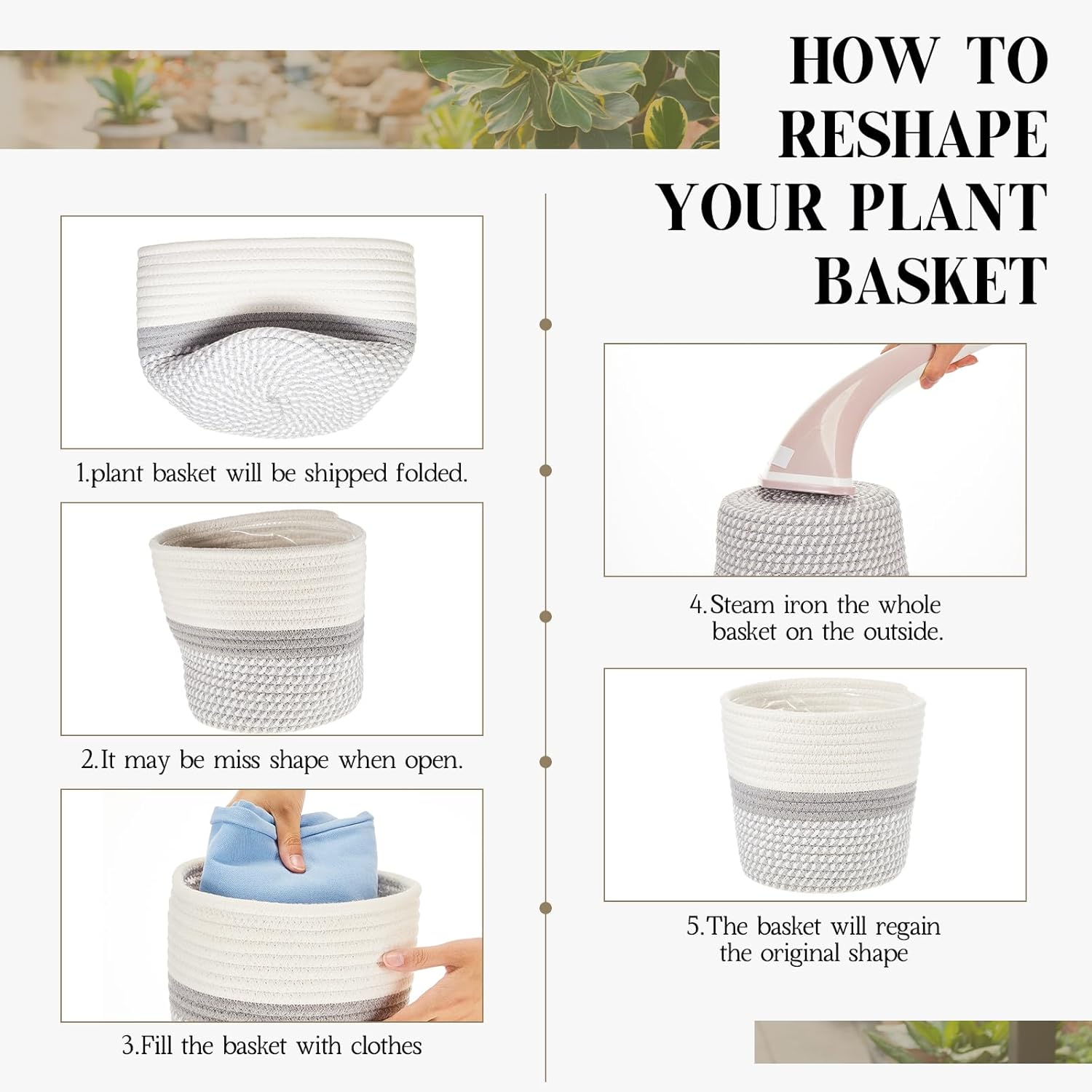 FoldTier 3 Pcs Cotton Rope Plant Basket with Plastic Liner Rustic Plant Basket Planters Modern Woven Decorative Pots for Home Flower Indoor Storage Decor, 7.5 x 6.5 Inches(White, Gray)