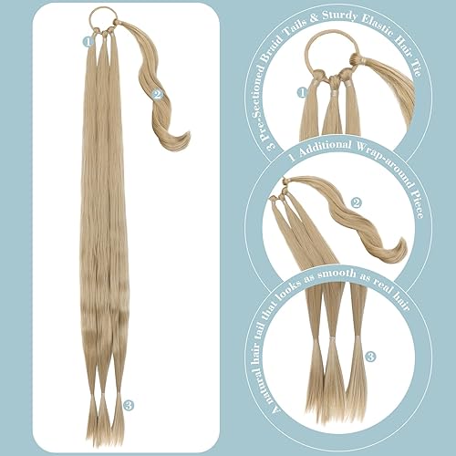 Miniatura 3 de FELENDY Extensión de cola de caballo de 26 x 30 pulgadas, trenzada, larga y recta, envolvente, extensiones de cabello natural suave para mujer (26