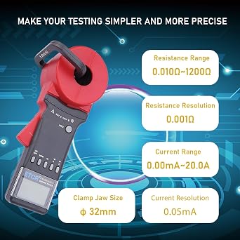 ETCR2100C+ Digital Clamp Ground Earth Resistance Meter Tester 1200 | Measures loop resistance and AC ground current 0.00mA-20.0A without disconnecting ground wires, with 32mm jaw