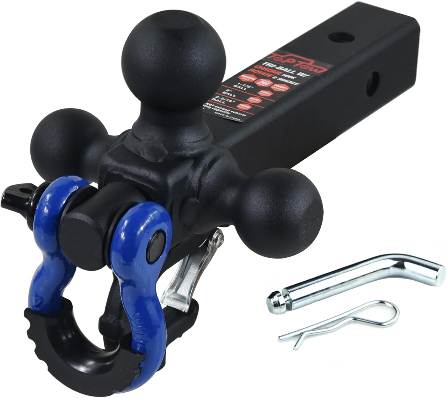 TOPTOW Trailer Hitch Tri-Ball Hitch Mount w/Matte Black Triple Hitch Balls 1-7/8-inch, 2-inch, 2-5/16-inch, Multi-fit for 2 inch Trailer Hitch Receiver, Blue Shackle