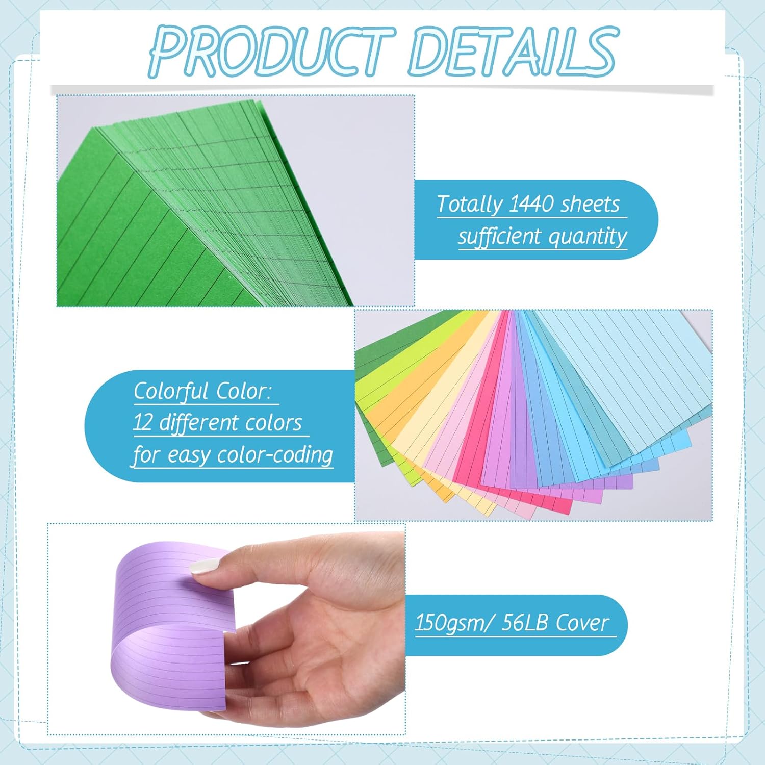 Ctosree 1440 Pcs Colored Index Cards 3 x 5 Inch Flash Cards for Studying Lined Study Note Sheets with Printed Ruled on Both Sides for Studying Memory Learning School, 12 Colors(Multicolor)