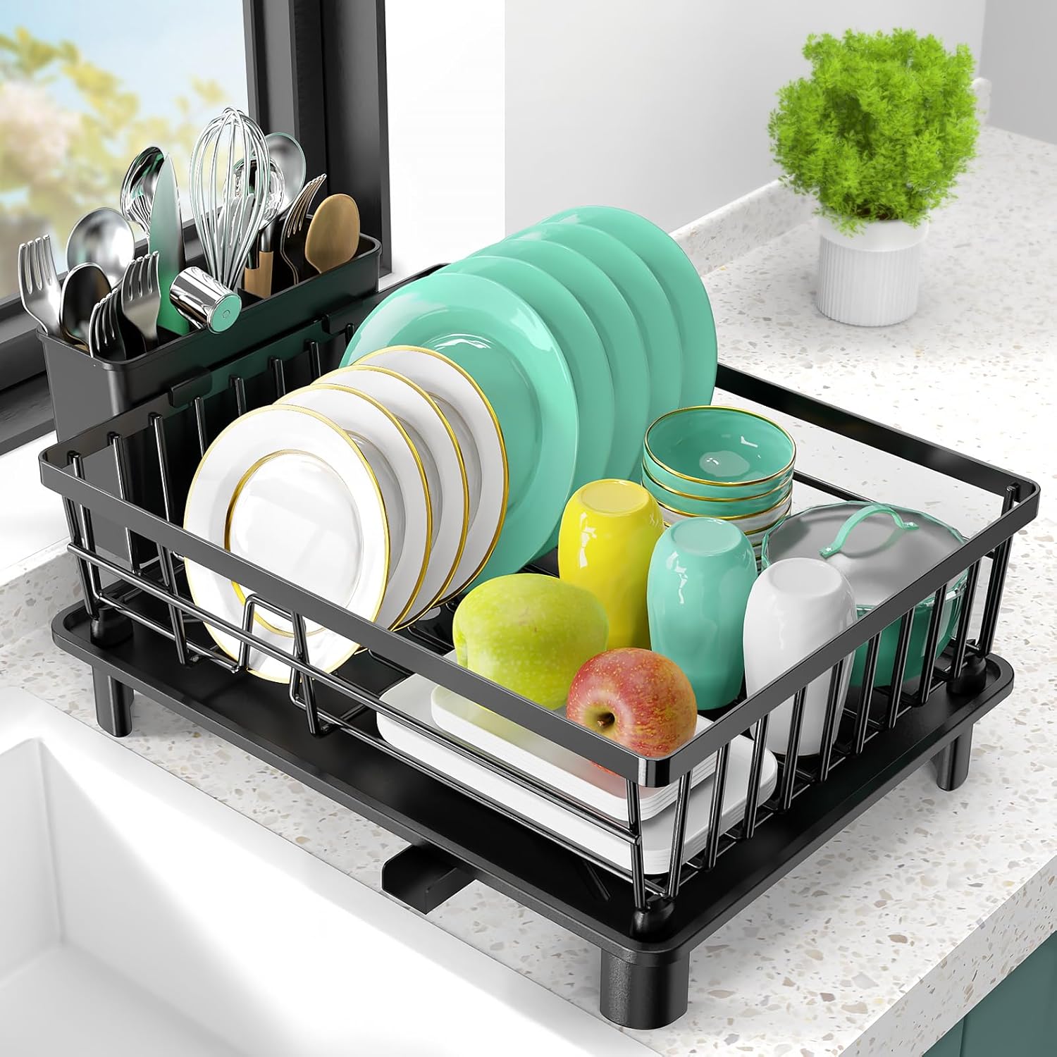 Dish Drying Rack Space-Saving Dish Rack for Kitchen Counter Stainless Steel Dish Rack with Cutlery Holder Removable Dish Drainer Kitchen Organizer for Various Dishes Spoons and Forks Black 15x11x6.7” Dish Drying Rack Space-Saving Dish Rack for Kitchen Counter Stainless Steel Dish Rack with Cutlery Holder Removable Dish Drainer Kitchen Organizer for Various Dishes Spoons and Forks Black 15x11x6.7”