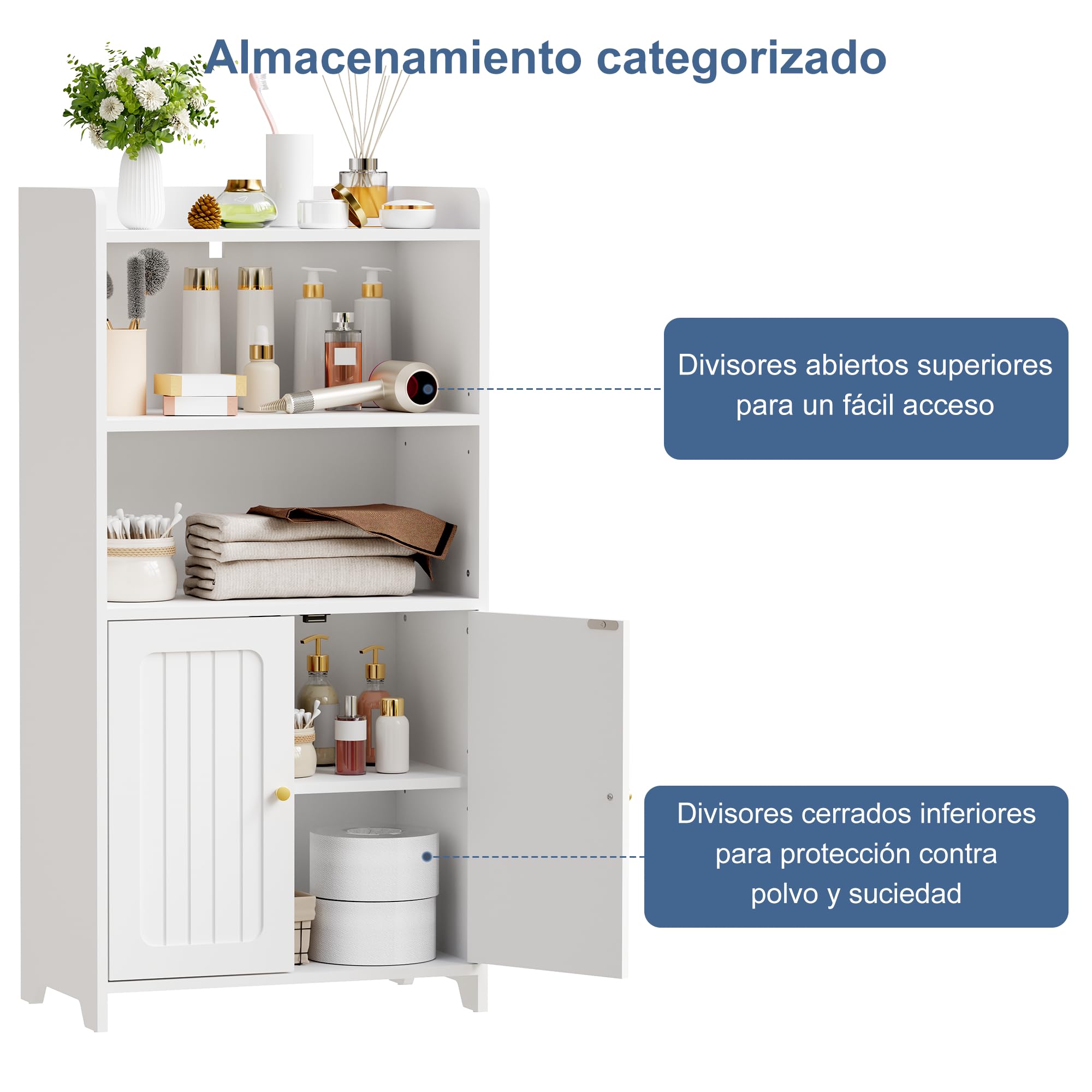BEWISHOME Armario Baño, Mueble Baño con 2 Puertas y Tabiques Ajustables, Armario Baño para Espacios Pequeños 30 x 50 x 100 cm, Blanco, EYYG18W