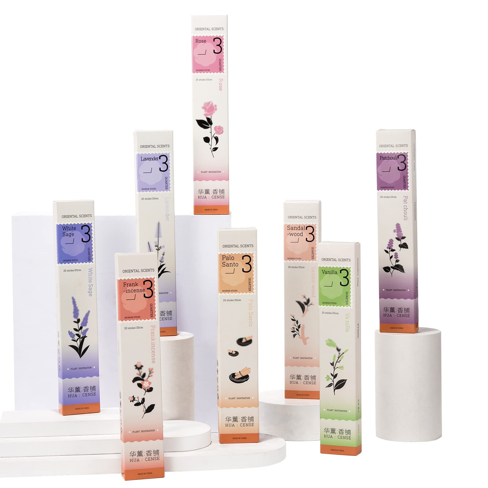 HuaCense 8 Scents Premium Incense Sticks(Non-Bamboo Core), Variety Insence Gift Sets, Lasting 45 Minutes, Included Palo Santo, White Sage, Sandalwood, Lavender, Frankincense, Vanilla, Rose, Patchouli