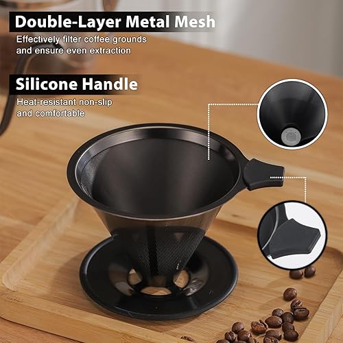 Miniatura 3 de Cafetera de acero inoxidable para verter sobre goteo, filtro de café sin papel, reutilizable, cafetera individual de 1-4 tazas (negro titanio)