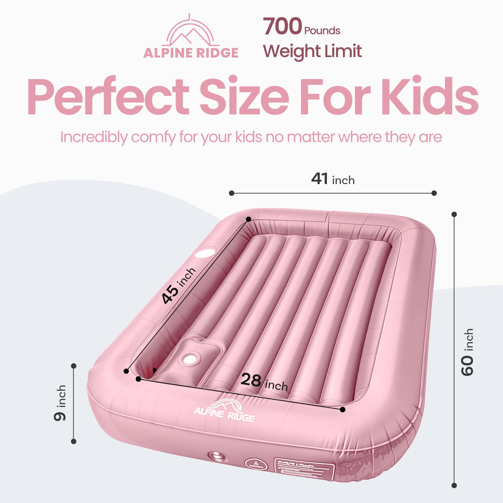 Alpine Ridge - Toddler Travel Bed with Safety Bumpers [4-Sided] | Portable Toddler Bed for Kids | Toddler Air Mattress | Kids Air Mattress with Built-in Foot Pump (Pink)