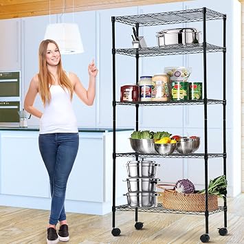 BLKMTY Heavy Duty 5-Tier Steel Wire Shelving Unit, 1250 Lbs Capacity Adjustable Garage Shelves with Lockable Casters, 14 D X 30 W X 60 H, NSF Certified for Storage Pantry Warehouse, Black