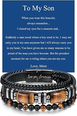 Mens Leather Bracelet with Tiger Eye Beads Love You Forever Engrave Mens Birthday Gift Ideas Gifts for Boyfriend Son Grandson Husband Man