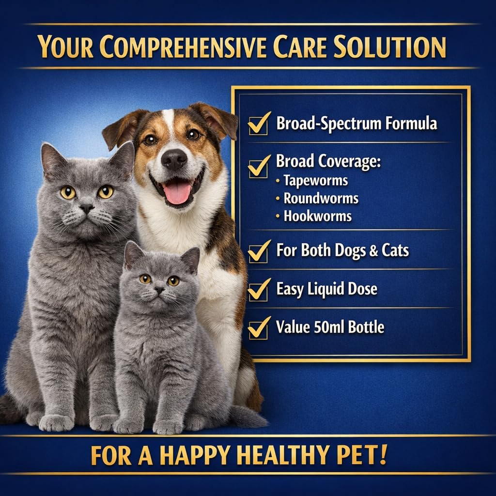 De-wormer for Cats and Dogs, Broad Spectrum Pet Wormer with Pyrantel Pamoate and Praziquantel Targets Tapeworm, Roundworm, and Hookworm, Easy Formula