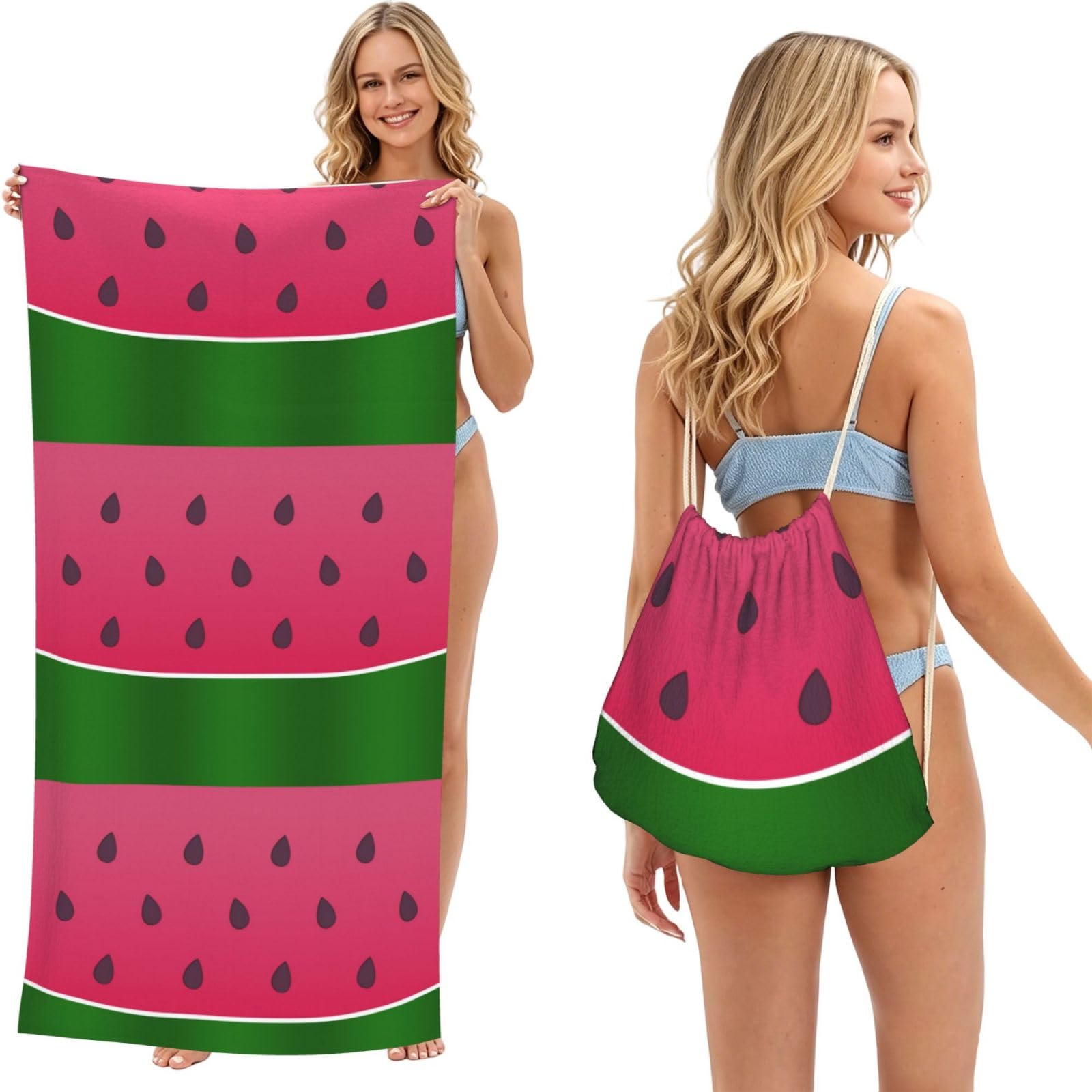 Poadnly As Picture Watermelon Fruit Summer, 2 In 1 Packable Towel Bag, Beach Towels With Drawstring Backpack For Travel Holiday Camping