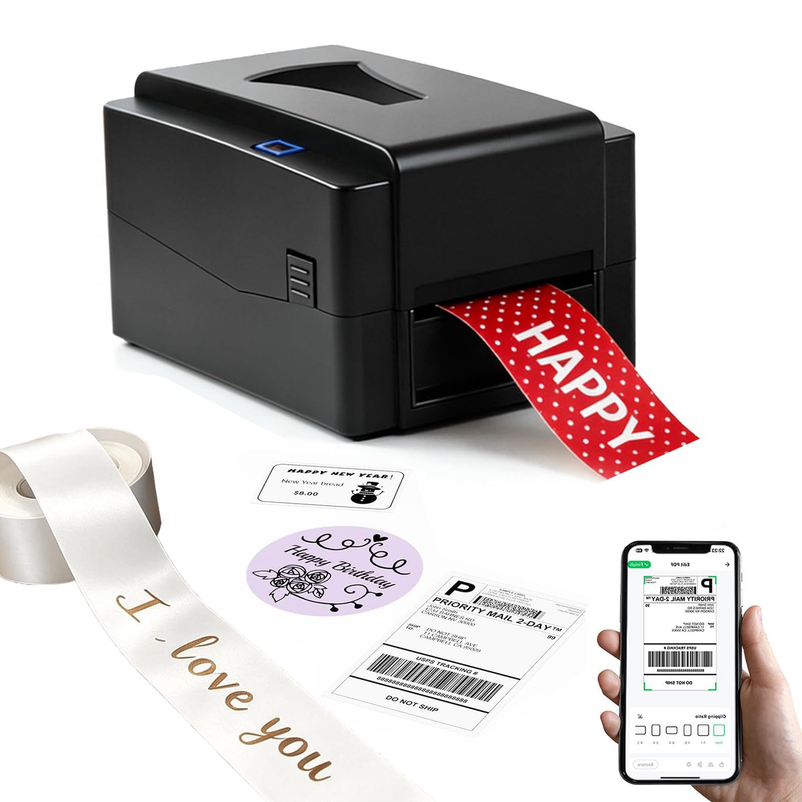 Maszyna do drukowania satynowej wstążki z uchwytem + USB i aplikacją, cyfrowa drukarka wstążkowa 300 dpi termiczna drukarka etykiet maszyna do tłoczenia folią, obsługuje ponad 50 języków