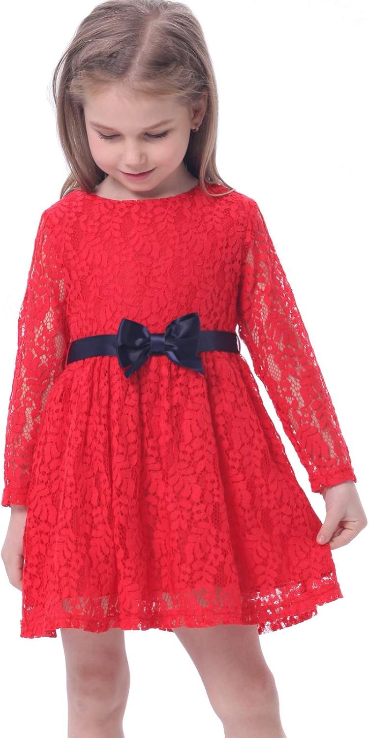 Bonny Billy Girls Long Sleeve Midi Lace Party Kids Dress with Bow Sash Girls Long Sleeve Midi Lace Christmas Dress with