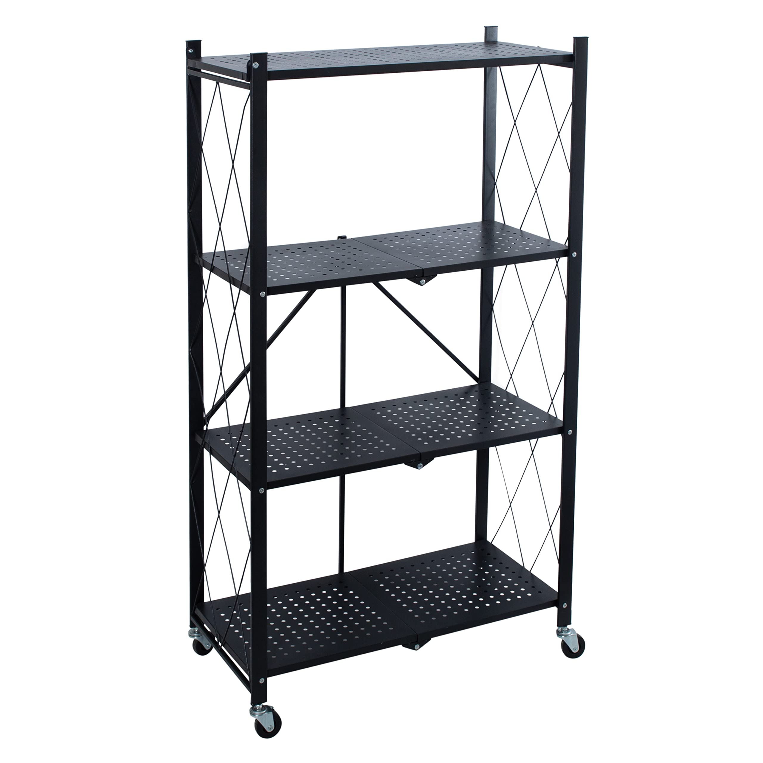 Organize It All Foldable Metal Rack with Wheels | Dimensions: 27.875"x 13.25"x 49.62 | 4 Tier | Holds Maximum 352 Pounds | Home Organization | Black