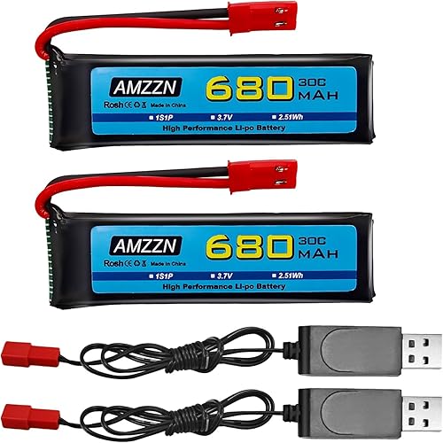 Batería Lipo de 3.7 V 680 mAh 1S con enchufe JST y cable de carga USB para UDI U817 U818A V959 V222 V929 S032 RC Drone, cuatro ejes Aircraft Battery