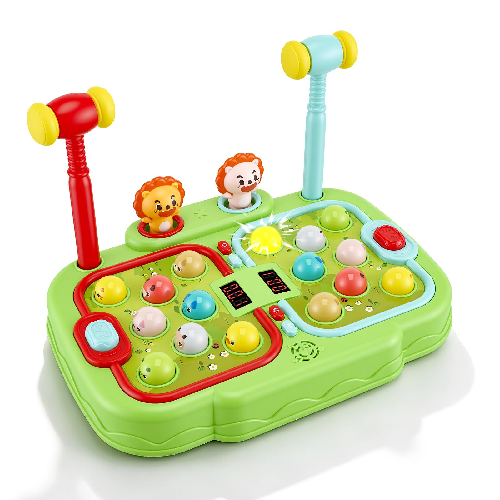 Whack a Mole Spiel für Kinder - Interaktives Musik Spielzeug mit 2 Hämmern, 16 Maulwürfen zur Förderung der Motorik - Entwicklungsspielzeug mit Beleuchtung & Soundeffekten, LCD-Display Arcade Spiel