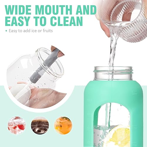 Miniatura 5 de BLUEGO Botella de agua de vidrio de 32 onzas con pajilla, botellas de agua motivacionales con marcador de tiempo y funda de silicona, botella de