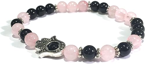 Miniatura 2 de Handmade Hamsa Hand, Rose Quartz, Black Tourmaline Healing Bracelet 7 Inches