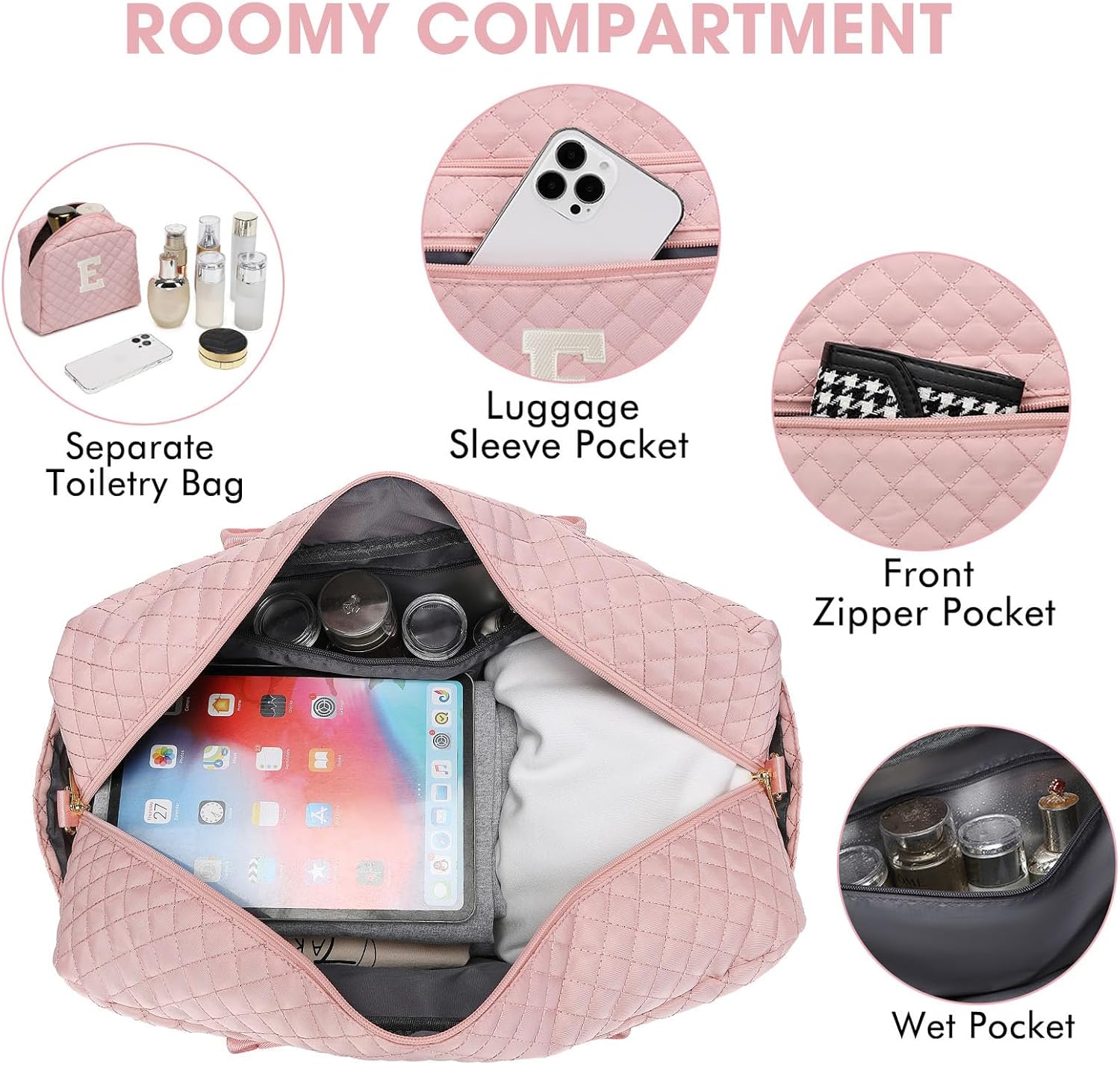 Initial Travel Duffle Bag for Women - Pink Personalized Weekender Bags Overnight Bag with Shoe Compartment & Wet Pocket Weekend Tote Bags with Toiletry Bag Monogram Gifts (Letter E) image 4