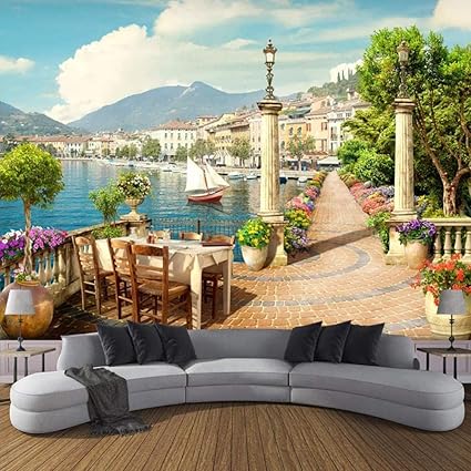 Amazon レストランのカフェのための3d壁紙 海辺の街の自然景観 子供部屋の壁紙壁画 3d 剥がして貼る 自己粘着ウォールステッカー 女の子の 部屋を飾る壁の壁紙 クリスマス ギフト 誕生日 0 幅 X150 高い Cm 壁紙