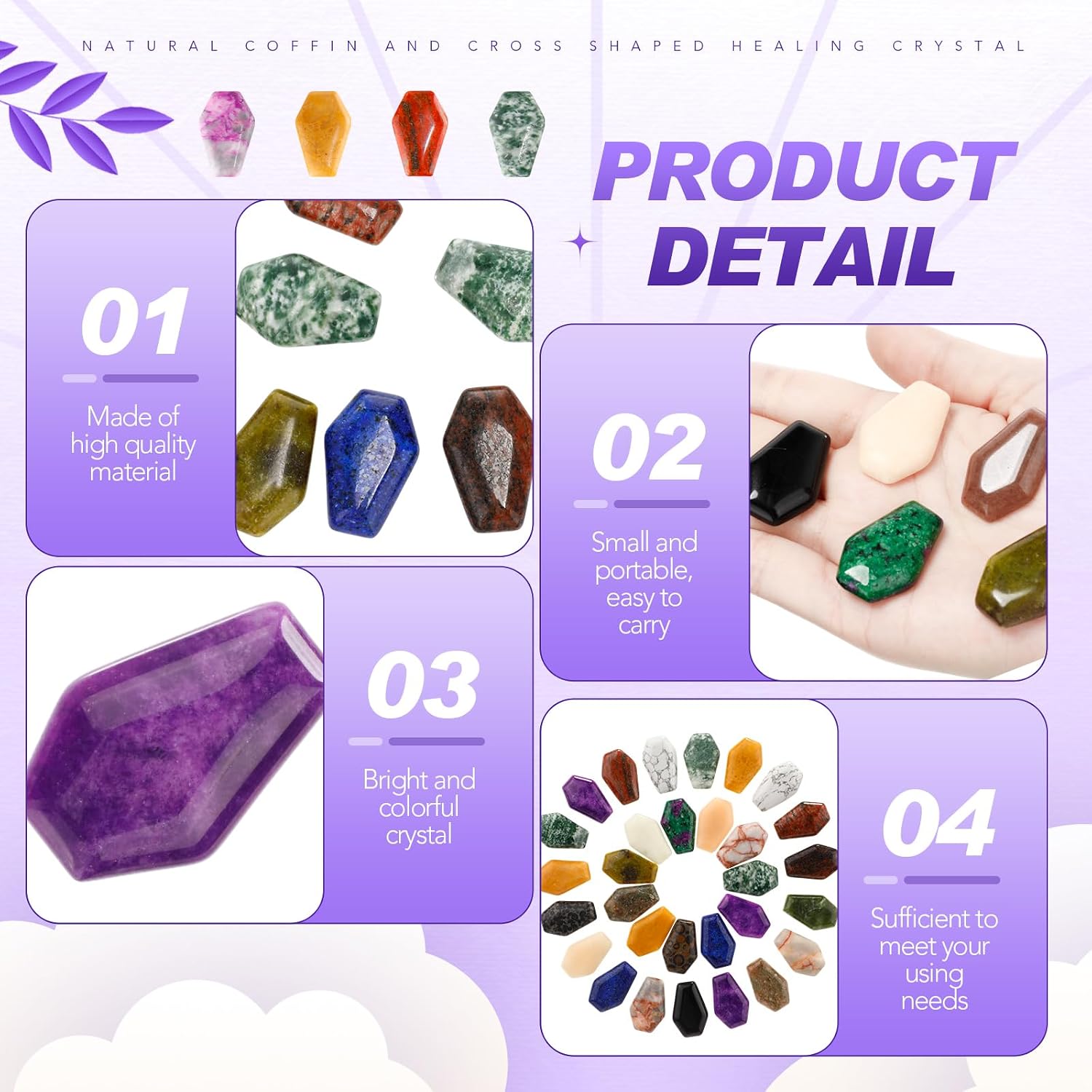 Nuenen 50 Pieces Coffin Crystals Worry Stones Bulk 1.2 Inch Gemstone Polished Coffin Pocket Stones Cabochons for Halloween Christmas Witch Craft Supplies Meditation Balancing Jewelry Decor