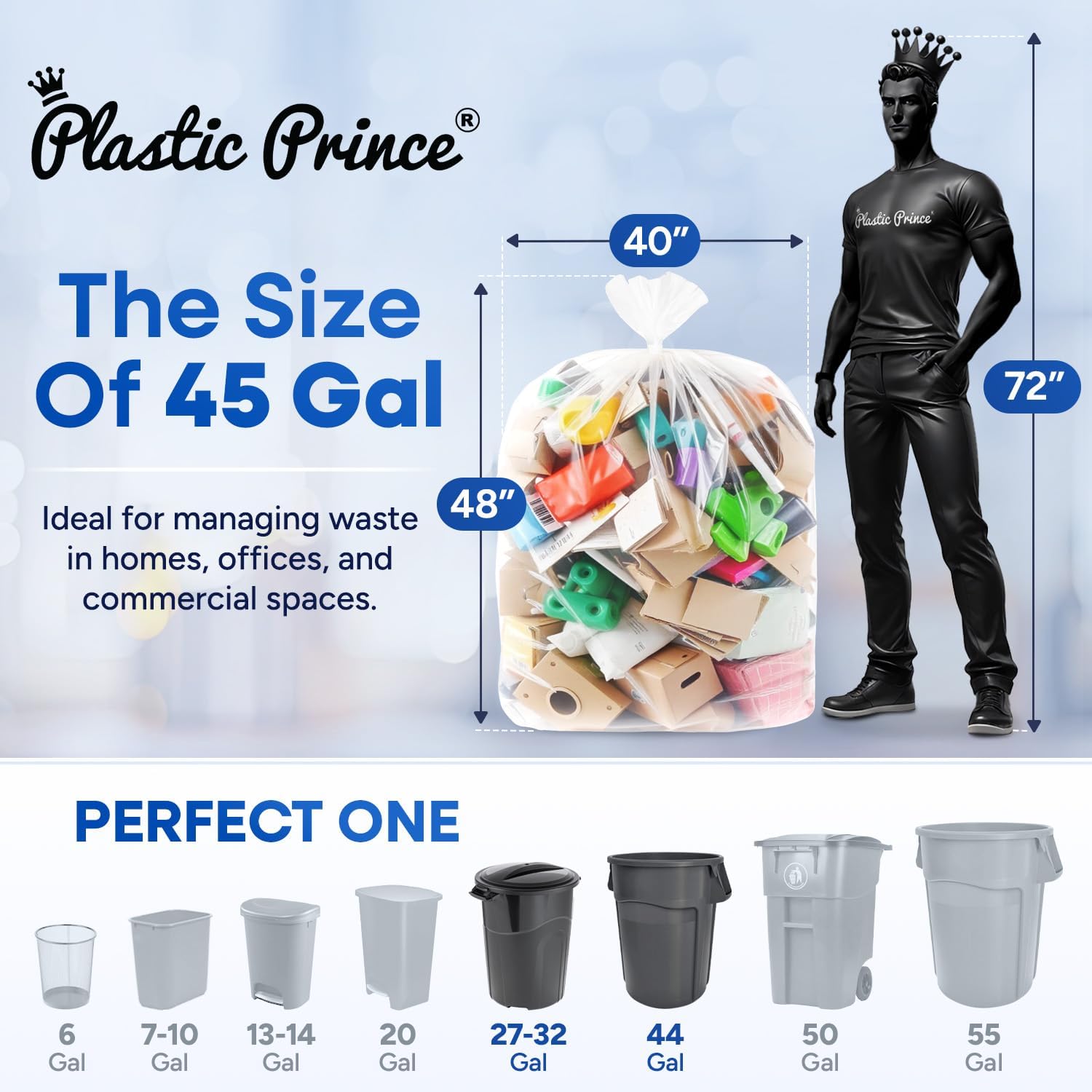 40-45 Gallon Trash Bags, Clear Trash Bags 40"W × 48"L, 22 Micron Clear Garbage Bags, 40-45 Gal High-Density Garbage Can Liners, Fits Square and Round Trash Cans, Pack of 150