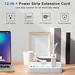 Cordon d'extension intérieur 10 ft, Barre de puissance du protecteur de surpression avec 8 Sorties 4 USB Ports, Cord d'extension à prise plate avec sorties multiples, Protection contre les surcharges pour la maison, Bureau, Salle de dortoir Essentiels, Blanc