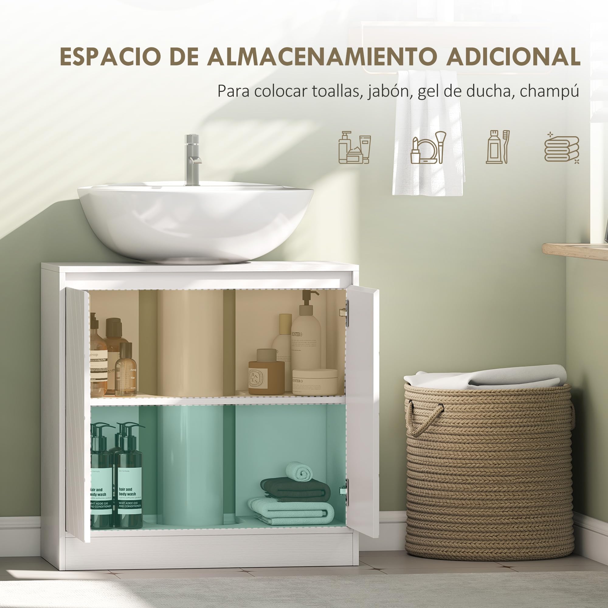 HOMCOM Mueble Bajo Lavabo, Mueble de Baño con 2 Puertas y Estante Ajustable, Armario de Baño para Lavabos con o sin Pedestal, Estilo Vintage, 60x30x59,8 cm, Blanco