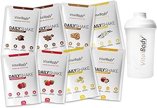VitalBodyPLUS DailyShake 8er Probierpaket mit Premium Shaker, 8 x 30 g, Mahlzeitenersatz-Shake zum Abnehmen, nur 250 kcal pro Shake, kalorienarm, lecker & schnell zubereitet