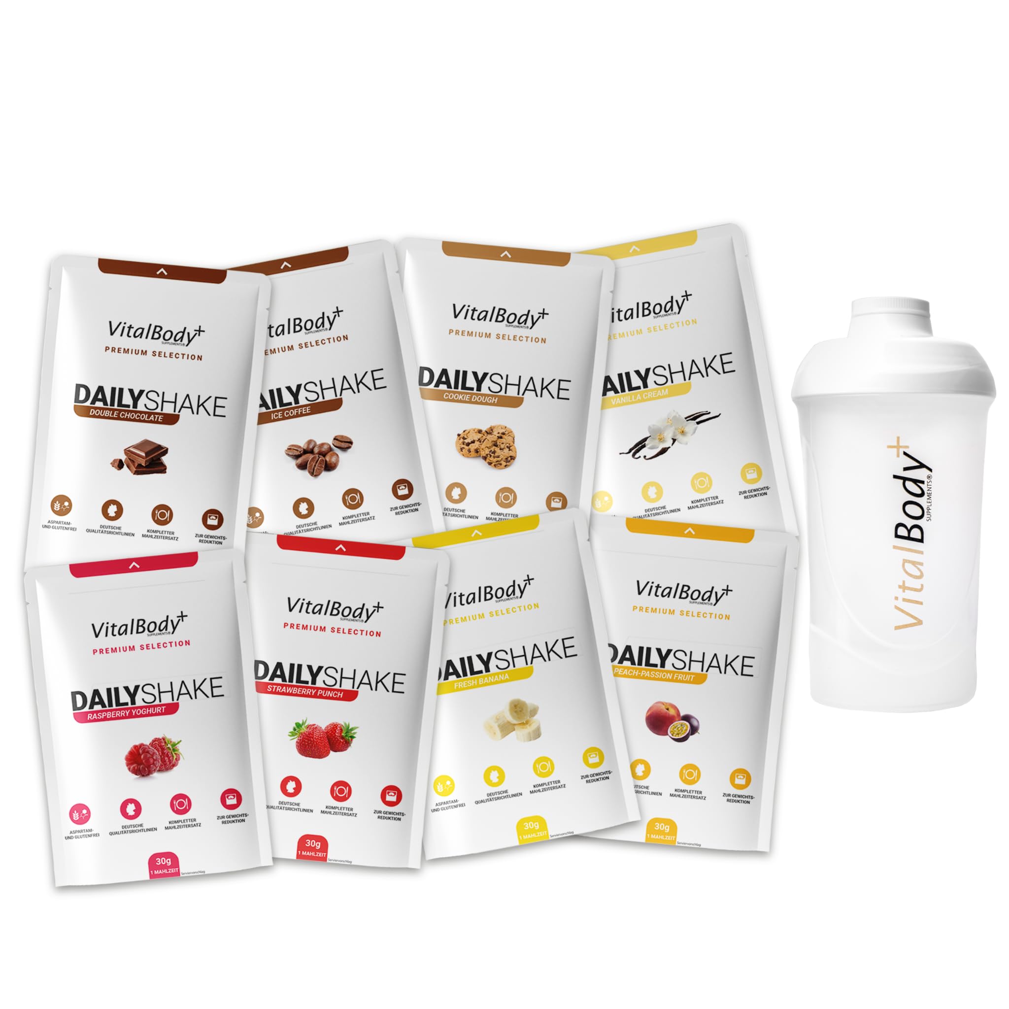 VitalBodyPLUS DailyShake 8er Probierpaket mit Premium Shaker, 8 x 30 g, Mahlzeitenersatz-Shake zum Abnehmen, nur 250 kcal pro Shake, kalorienarm, lecker & schnell zubereitet