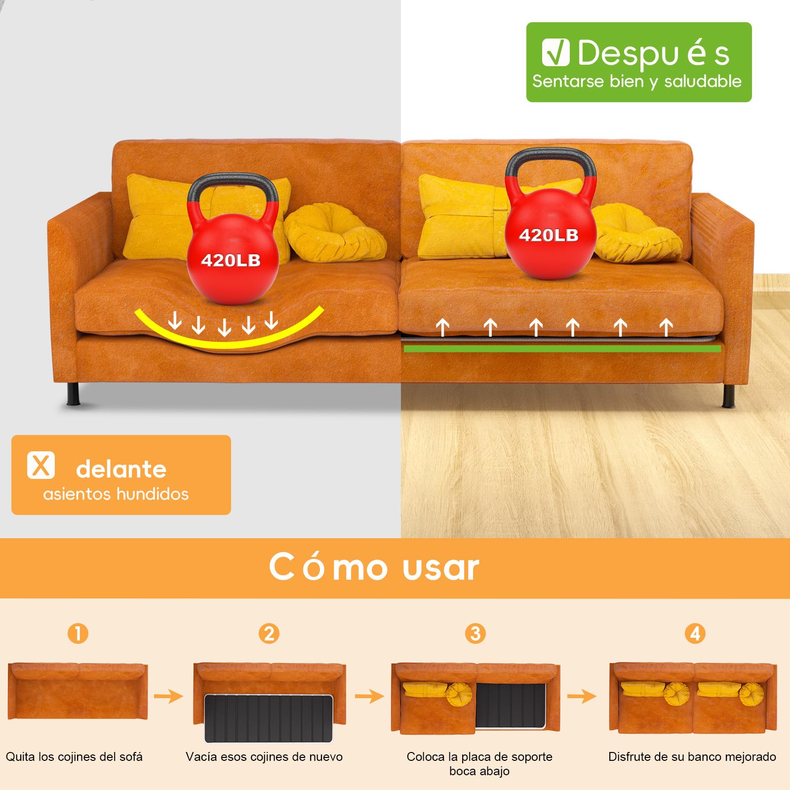 Coussin de soutien pour canapé pour siège suspendu, 167,5 x 43 cm, pliable, avec surface Oxford, planches de support en bois pour la plupart des canapés 3 places, noir