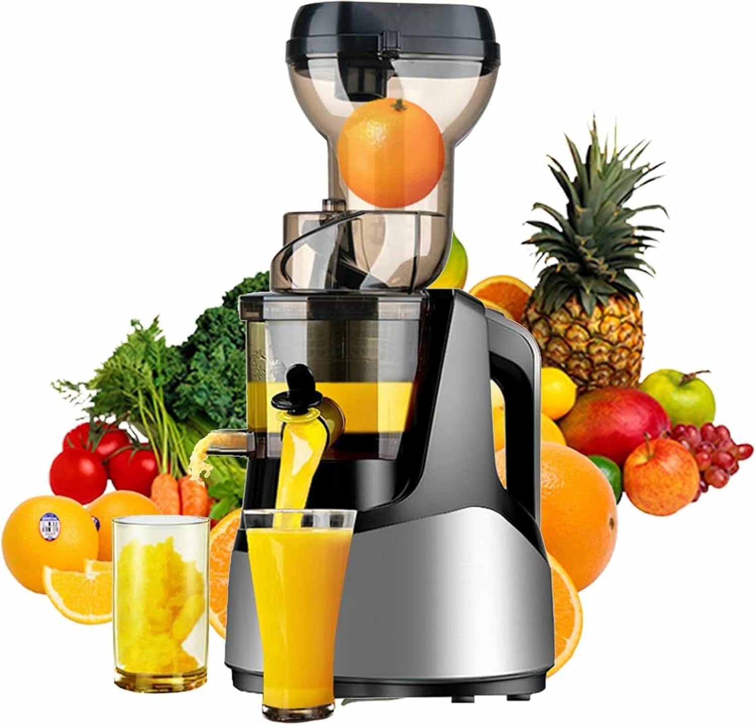 Cold Press Juicer, Slow Masticating Machine for Whole Fruits and Vegetables, 200W, Large Feed Chute, Fresh Juice Extraction-