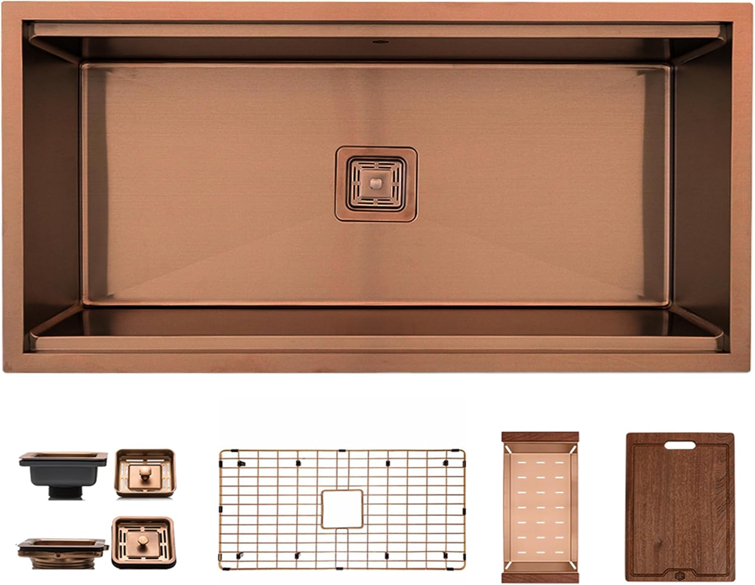 Strictly Sinks Copper Undermount Workstation Kitchen Sink – 36 Inch 16 Gauge Stainless Steel Sink for Kitchen with Bottom Grid, Wooden Cutting Board, Colander, 1 Strainer Drain & 1 Disposal Adapter