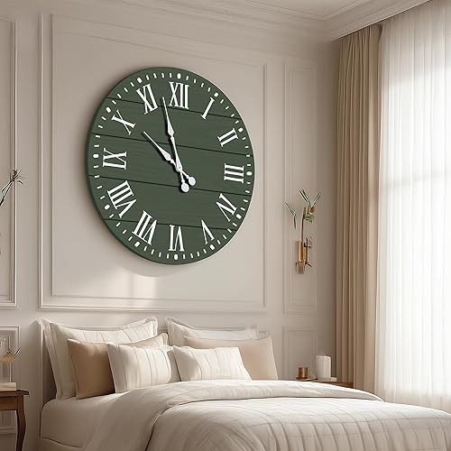 Miniatura 7 de Reloj de pared grande con número romano, reloj de pared Shiplap de 35 pulgadas, estilo casa de campo, casi sin tictac, reloj redondo para decoración