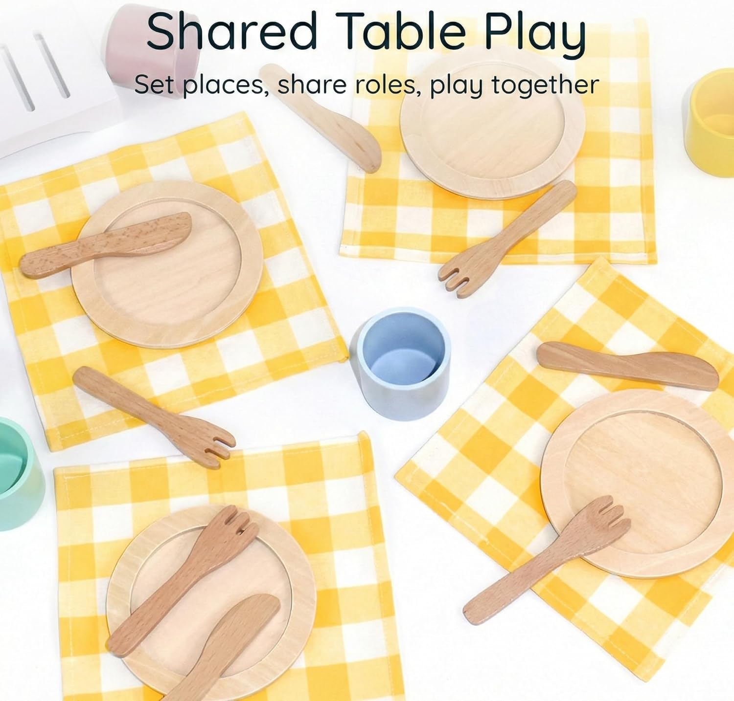 Pillowhale Wooden Table-Setting Learning Play Set for Kids Dinner Plates, Cups & Cutlery for Social Play – 21 Pcs, Ages 3+