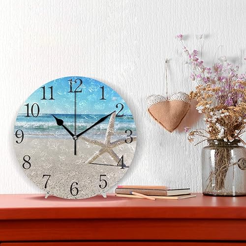 Miniatura 2 de SUABO Reloj de pared con diseño de conchas y números arábigos, diseño de estrellas de mar en la playa, reloj de pared redondo para sala de estar,