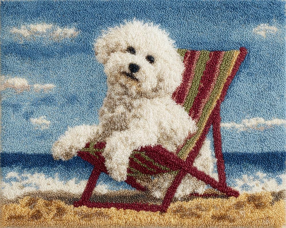 Kitquiver Rug Making Kits for Adults Latch Hook Bichon Frise Sitting On A Beach Chair Crafts Crochet Yarn with Pre-Printed DIY Handmade Embroidery Needlework for Home Decoration 35X46In